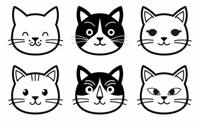 Fototapeta premium Collection of cat icons with simple black and white outline designs, perfect for emoticons and symbols.