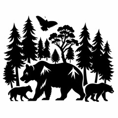 Silhouette of Bears in Forest with Mountains and Stars
