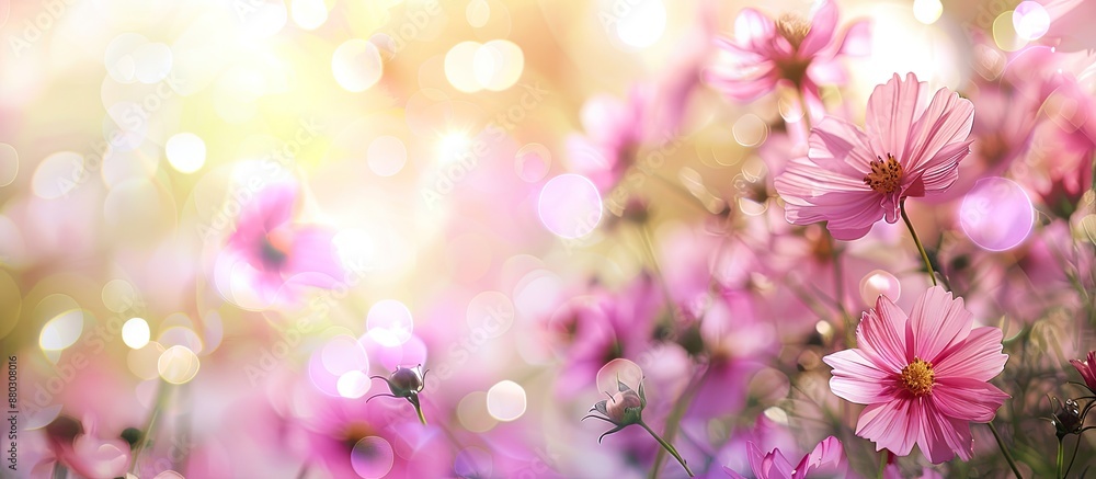 Aufkleber spring-themed blurred bokeh image with cosmos flowers in the background, ideal for copy space.