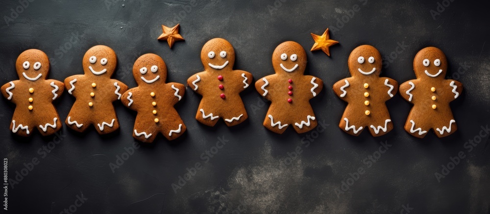 Poster gingerbread cookies shaped as pumpkins and vampire gingerbread men for halloween on a dark concrete 