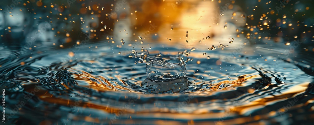 Poster a photorealistic image of a single raindrop splashing into a puddle, creating a ripple effect that s