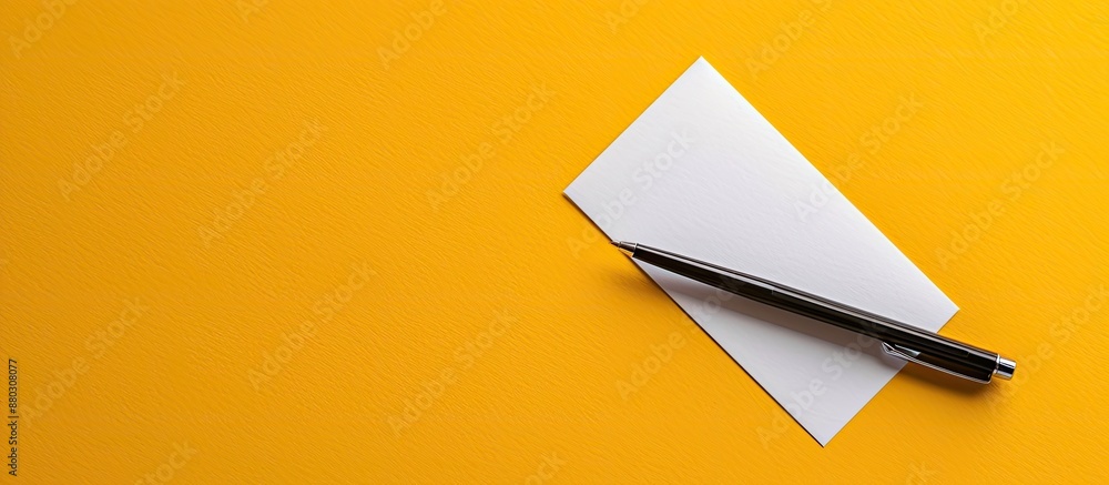 Aufkleber elegant pen resting on a vibrant yellow background with a white business card mockup, ideal for busi