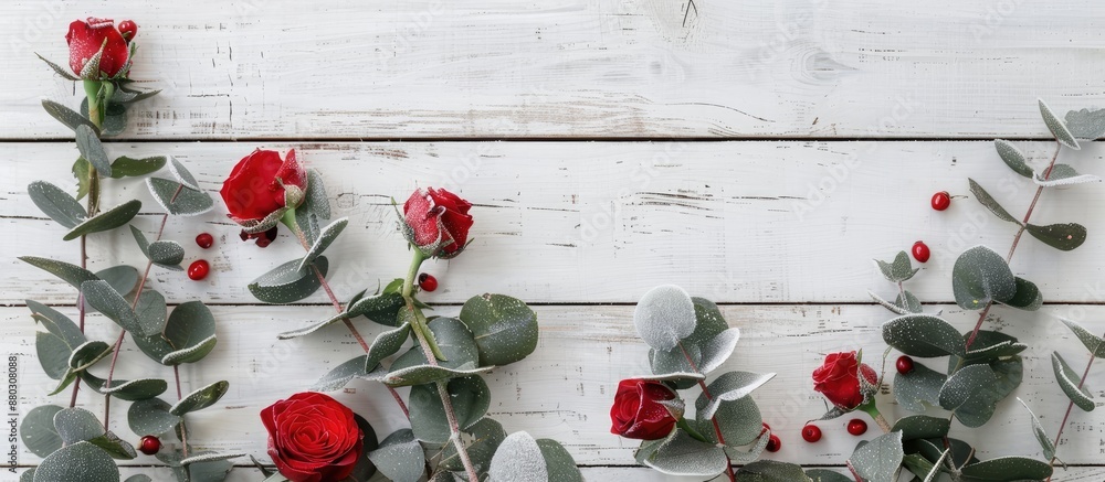 Poster top-down image of red rose and flocked eucalyptus branches on a white wooden surface, creating a fes
