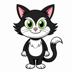 Cartoon Black and White Cat Illustration with Yellow Eyes and Collar