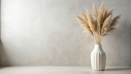 Elegant pampas grass arrangement in white ceramic vase set against minimalist studio wall backdrop with ample space for overlaying text.