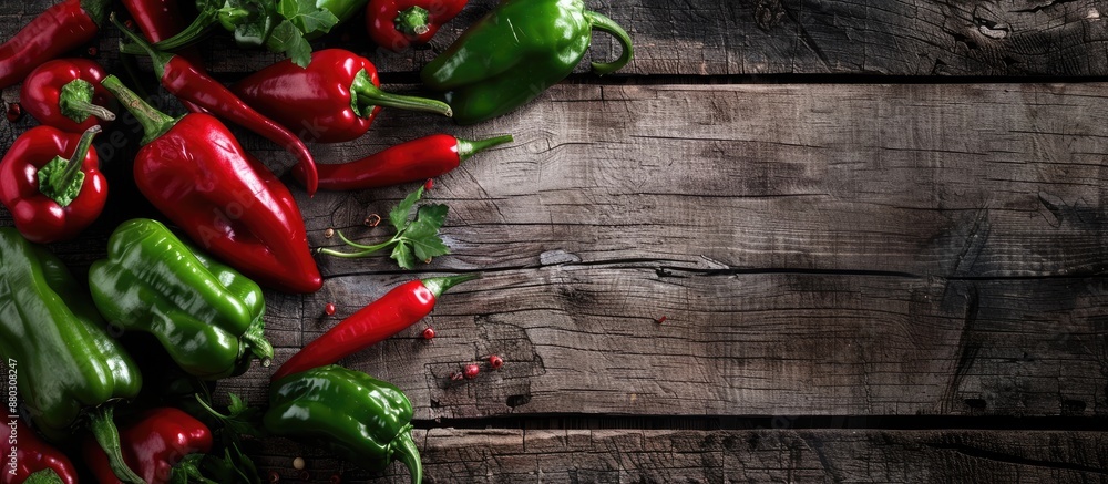 Poster copy space image of red and green peppers on a wooden backdrop.