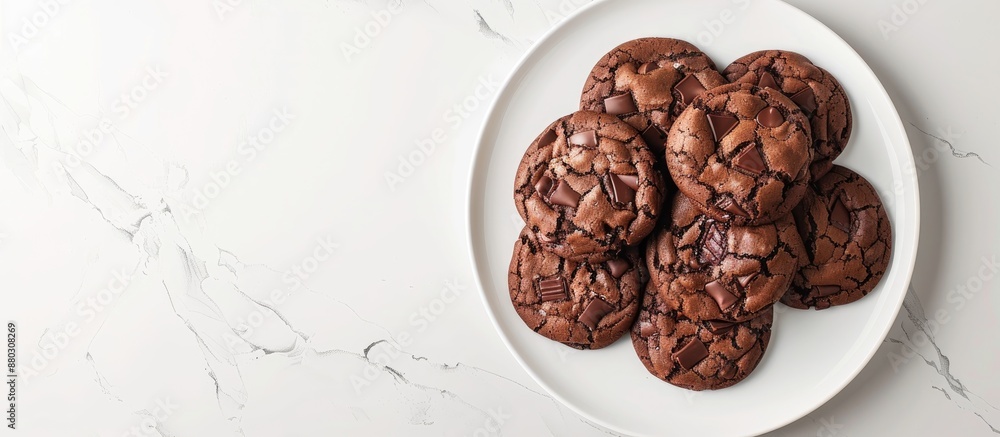 Poster Chocolate cookies served on a white plate with a blank space for adding an image to enhance the presentation.