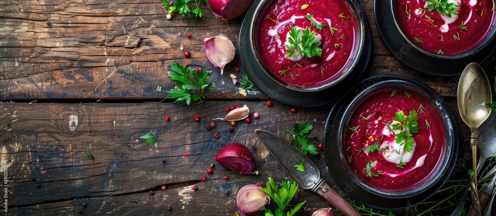Aufkleber Beet cream soup as the first meal on a rustic table with a copy space image of food in a top view background.