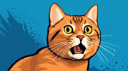 Playful orange tabby cat with speech bubble expresses surprise on a blue background.