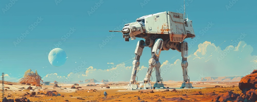 Poster retro-futuristic robot exploring desolate planet with pixelated form