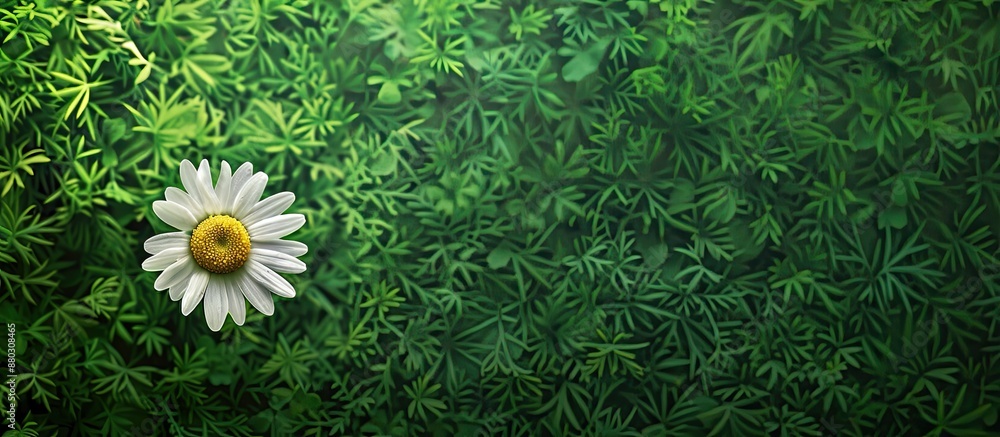 Poster close-up shot of a pretty daisy flower with a lush green backdrop in a photo with blank space for te