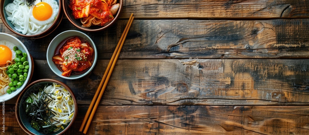 Poster aerial view of korean side dishes in bowls beside chopsticks and gimbap on a wooden table with copy 