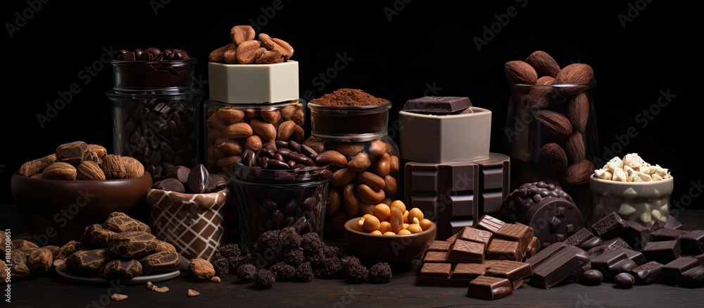 Aufkleber diverse chocolate displayed in various containers on a black and brown background alongside a copy s