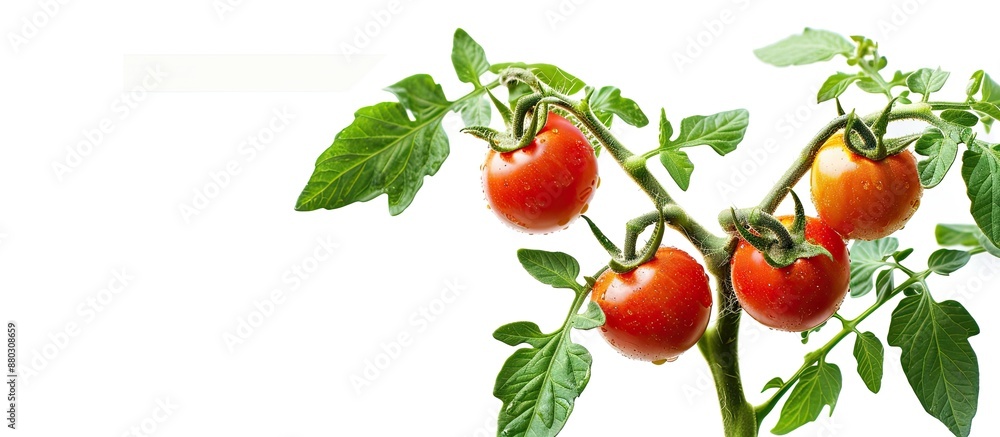 Poster High-resolution macro image of a fresh tomato plant isolated on a white background, with a full depth of field side view and space for text or graphics.