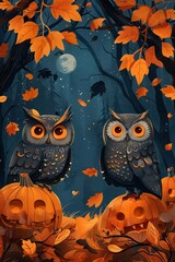 Owl in a pumpkin patch autumn night space for text flat design illustration