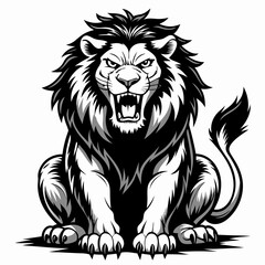 Fierce Roaring Lion Illustration - Black and White Vector Art