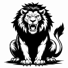 Fierce Roaring Lion Illustration - Black and White Vector Art