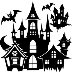 Halloween house silhouette Set Vector illustration