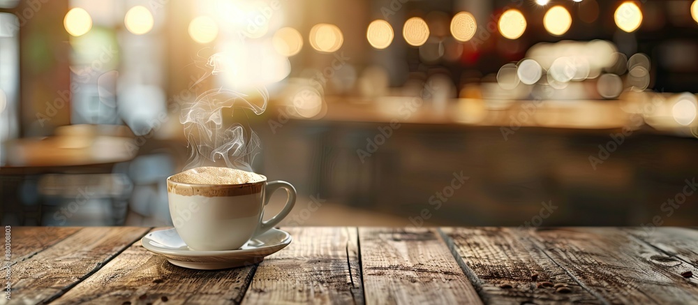 Aufkleber A steaming latte placed on a rustic wooden table in a cozy cafe setting with a copy space image available.