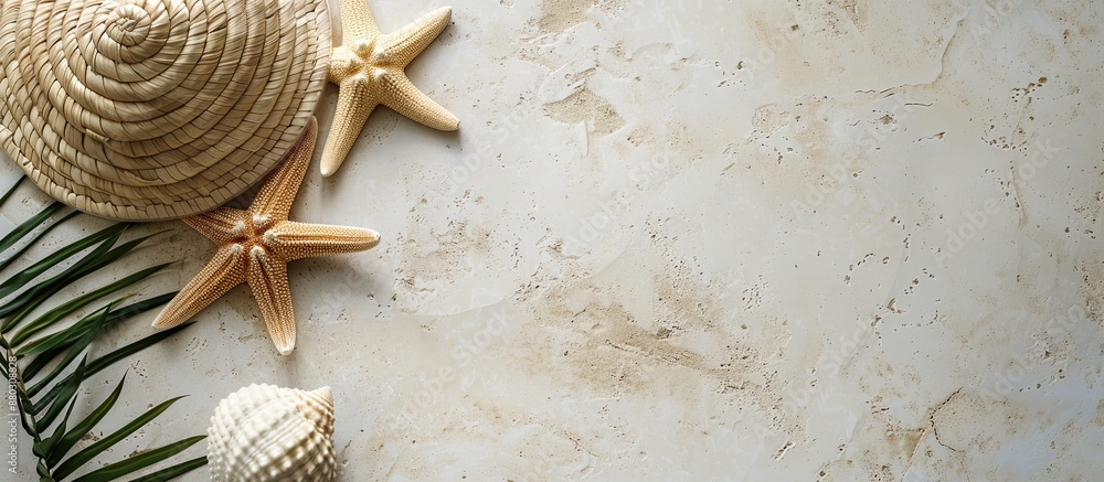 Aufkleber Beach holiday theme captured in a top view flat lay image with a starfish on light sandy texture, emphasizing a summer concept with ample copy space.