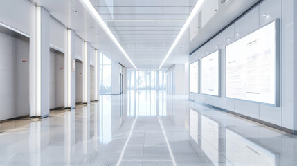 A modern, well-lit hall with empty placards mounted on the walls.