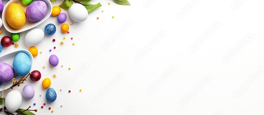 Aufkleber white background with easter eggs, bunny, and copy space image, creating an easter-themed top-view s