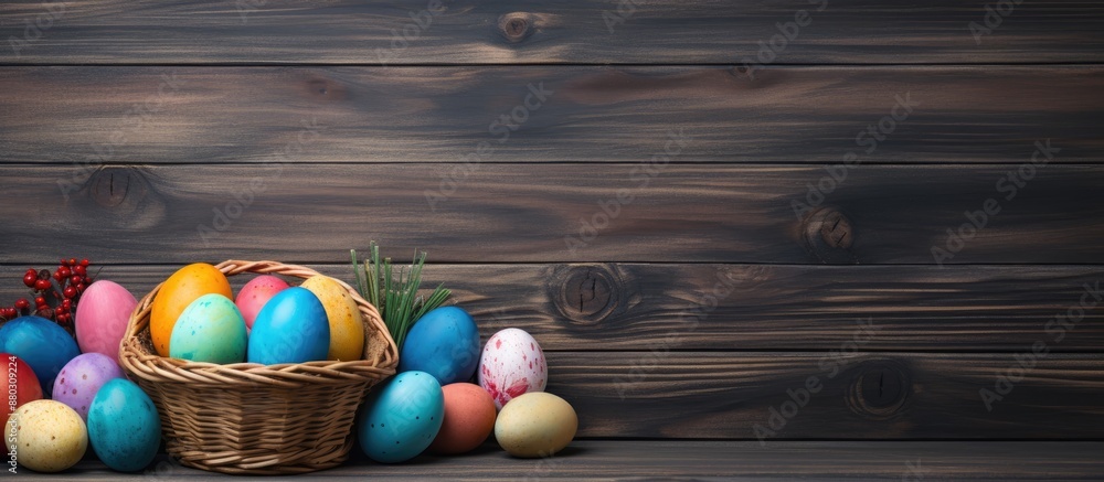 Aufkleber wooden surface with wicker baskets and colorful easter eggs in a copy space image.