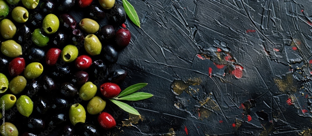 Aufkleber A flat lay design template featuring black, green, and red olives of different sizes captured from a top view, ideal for including text with copy space image.