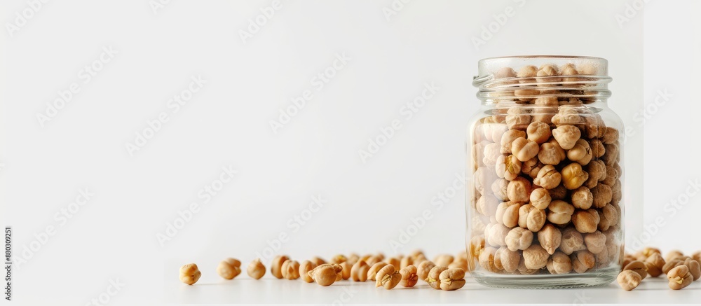 Poster glass jar containing dry chickpeas for vegans displayed on a white background with copy space image 