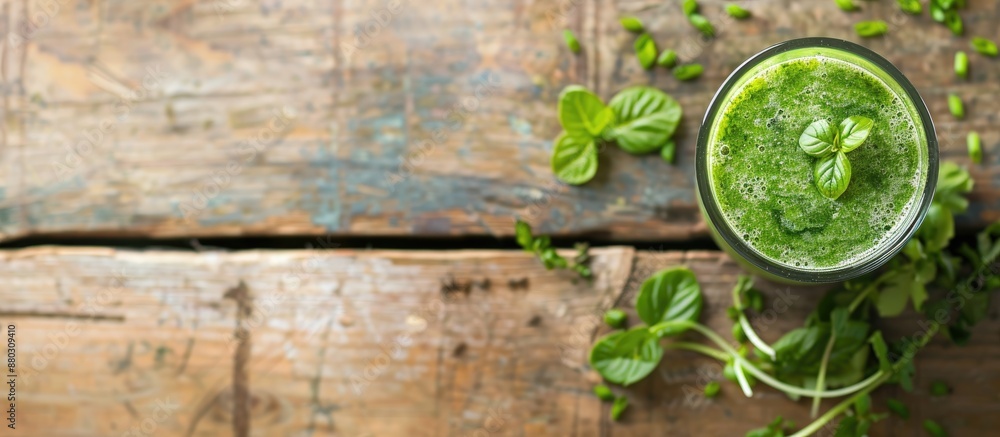 Poster glass of freshly blended green melon smoothie on wooden table near window with copy space image.