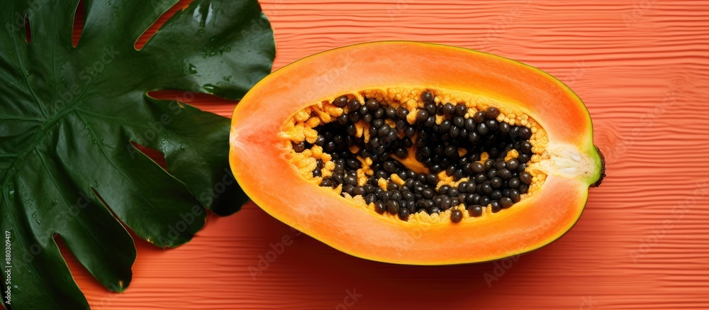 Poster Top view of half a ripe papaya on a white background with copy space image included.