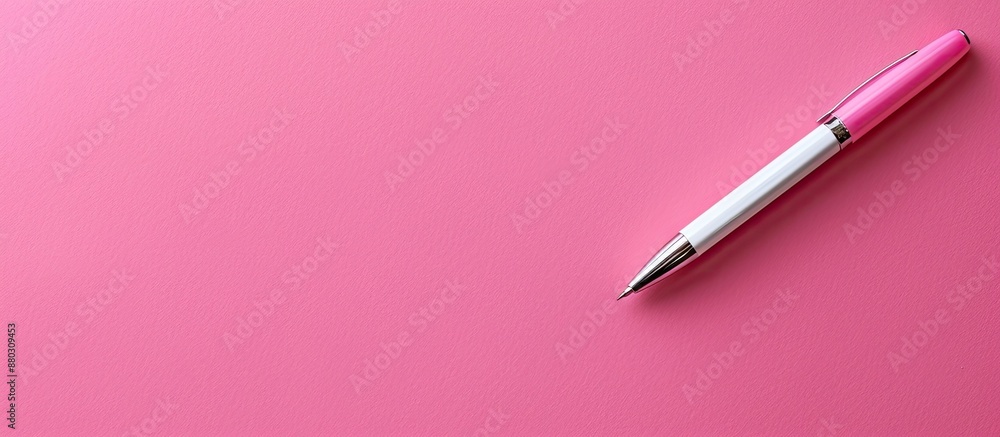Poster pink background showcasing a white sheet of paper with a pen in the frame, ideal for adding text, fe