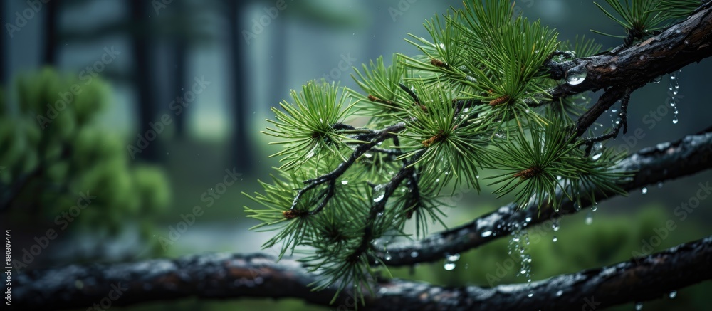 Fototapete pine tree with raindrop-covered needles in a serene forest setting, perfect for a copy space image.