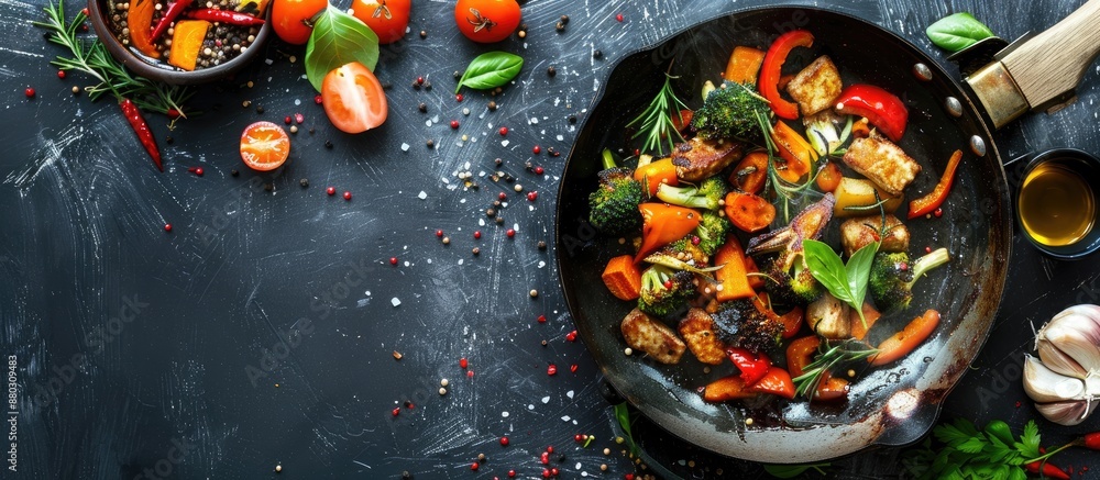 Poster seitan and veggies sizzling in a hot pan, creating an appetizing scene with copy space image.