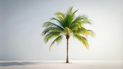 Fototapeta premium A tall, slender palm tree with feathery leaves and a slender trunk stands alone against a pure white, isolated background.