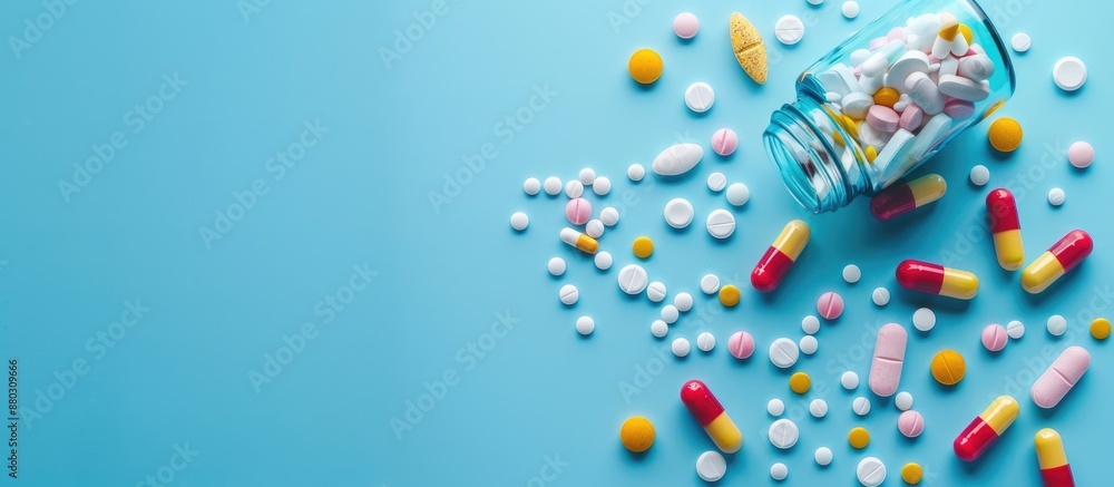 Poster top view of various colored pills, tablets, and capsules in a bottle on a blue background with copy 