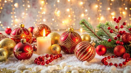 Festive red and gold ornaments, garlands, and candles adorn a snowy white background with intricate patterns and textures for holiday celebrations.