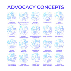 Advocacy blue gradient concept icons. Public policy. Supporting human rights. Social justice. Community engagement. Icon pack. Vector images. Round shape illustrations. Abstract idea