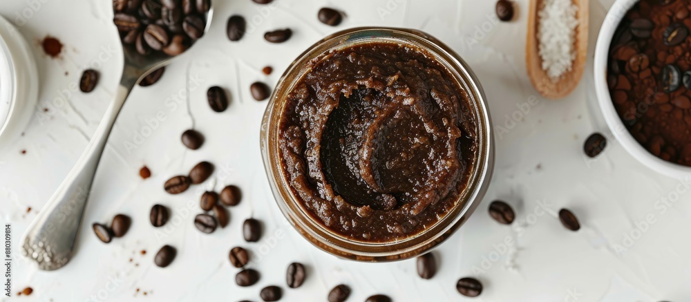 Poster top view of a jar of homemade coffee body scrub with ingredients and packing tools on a white table,