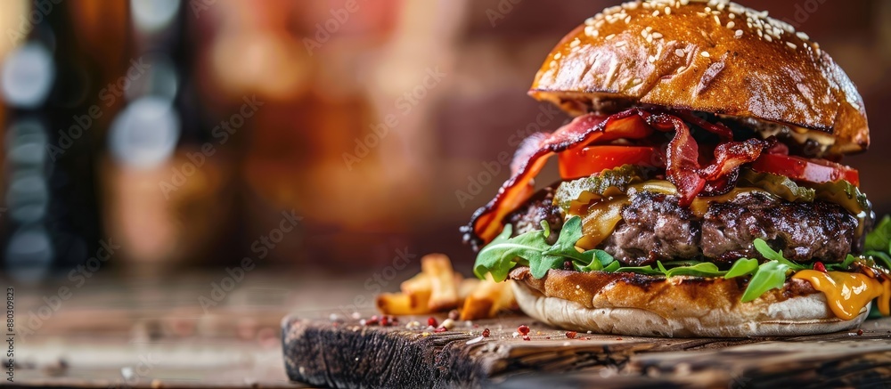Poster Close-up of a delicious burger topped with bacon on a rustic wooden board, with a designated area for text in the image.