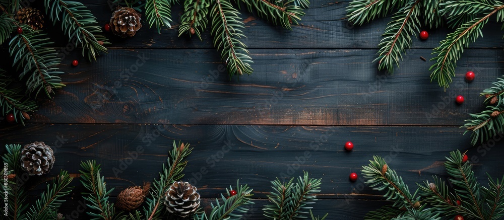 Aufkleber a festive arrangement featuring christmas pine tree branches on a dark wooden table offers space for