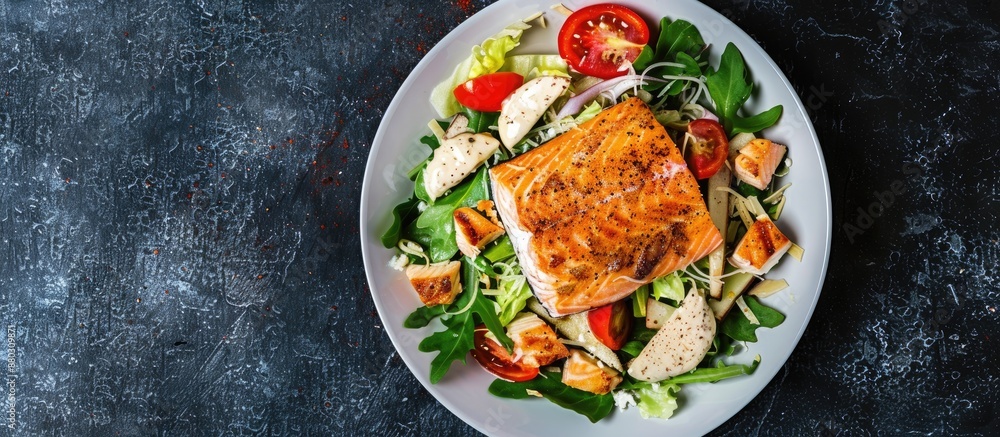 Poster overhead view of a caesar salad topped with salmon on a fish-themed menu, emphasizing seafood, parti