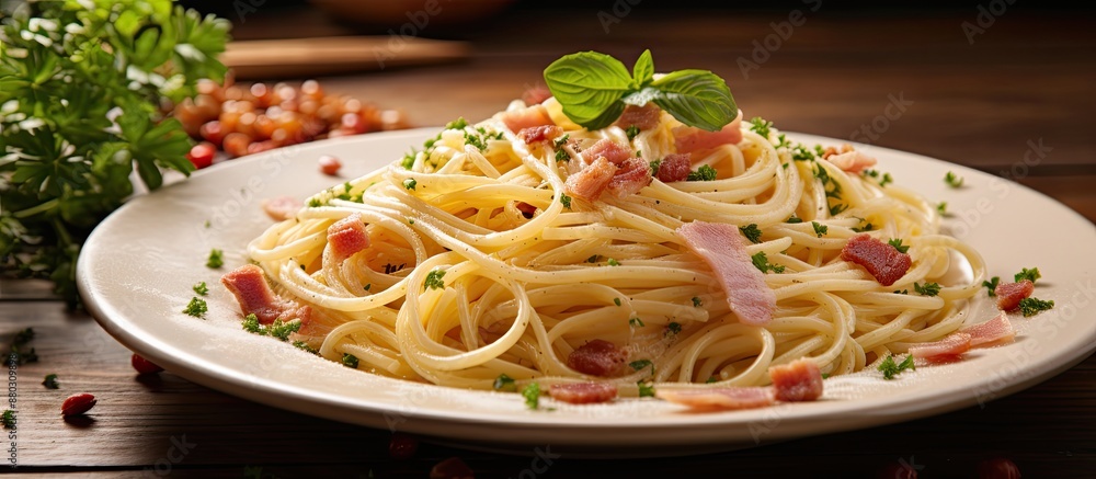 Aufkleber Image of Spaghetti Carbonara with ham and bacon on a plate, set on a wooden table, with a background designed for adding text or other elements.