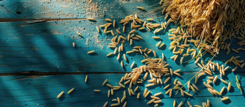 Top-down perspective of dried paddy rice on a blue wooden surface, offering room for text or design in a copy space image. - Powered by Adobe