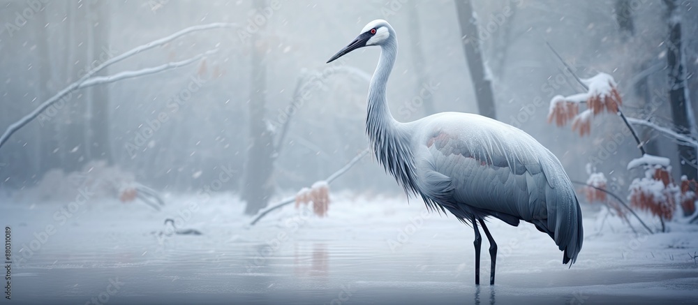 Poster grus japonensis in a winter setting with a natural snowy backdrop, creating a serene and peaceful at