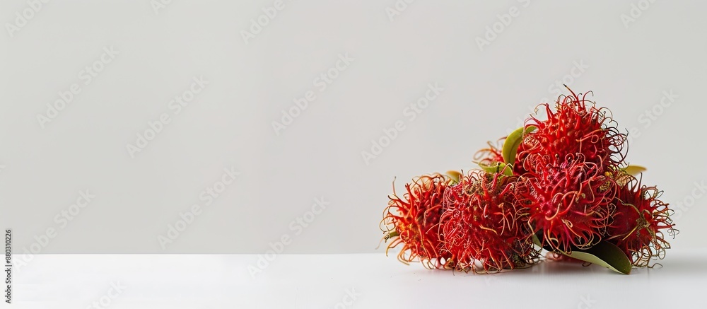 Poster a ripe rambutan fruit showcased on a pristine white backdrop with copy space for image exposure.