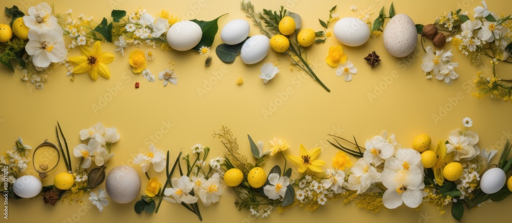 Poster easter-themed backdrop with yellow hues displaying spring blooms, ornate eggs. top-down view allows 