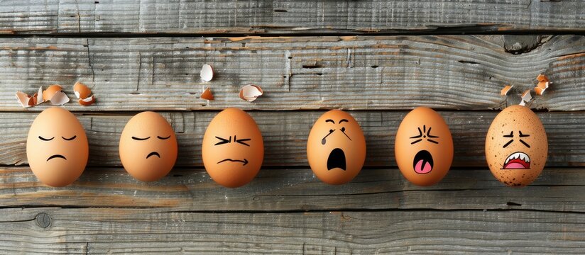 The basic emotion idea is portrayed through facial expressions depicted on eggs set against a wooden background in a top-down view, creating a copy space image.