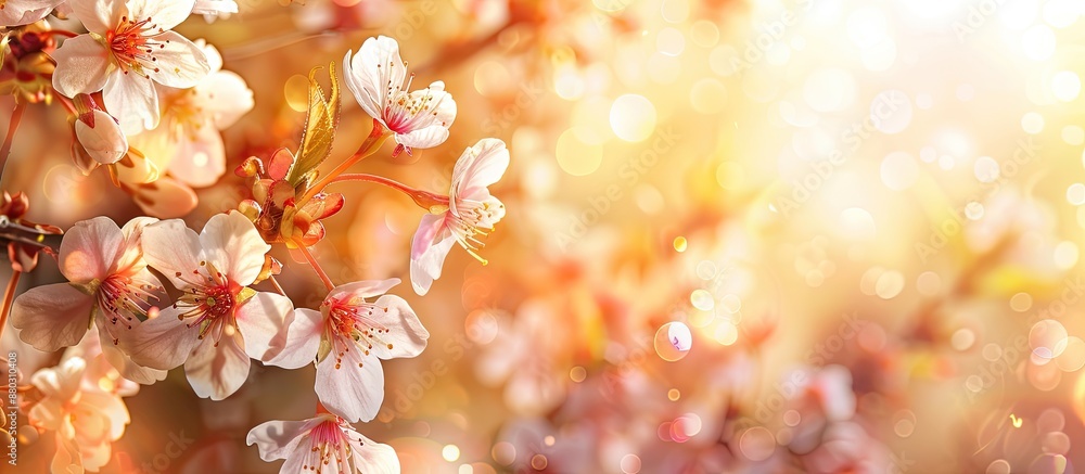 Poster capture the beauty of spring with a macro image of blooming japanese cherry branches against a sunny