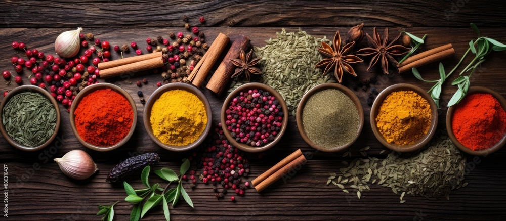 Poster Colorful spices arranged on a wooden table with space for text, as seen from above in a copy space image.